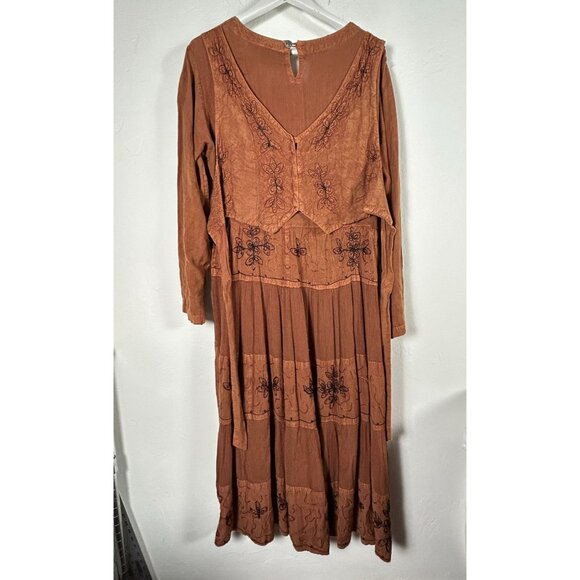 24 Karat Womens Boho Chic Rust Orange Embroidered Tiered Maxi Dress Size Medium - Picture 2 of 10